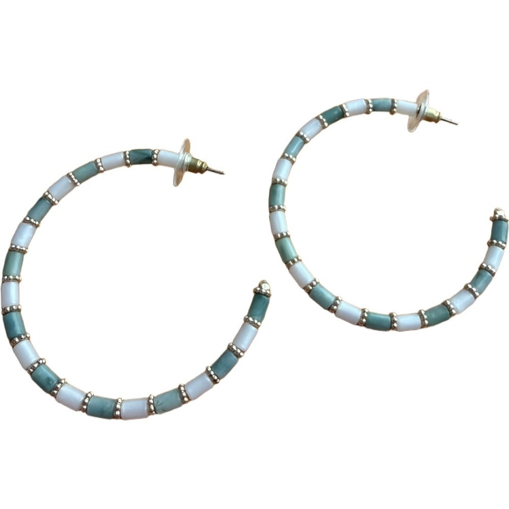 Origami Owl Medium Drop Hoop Turquoise White Bead Earrings Post Back Boho